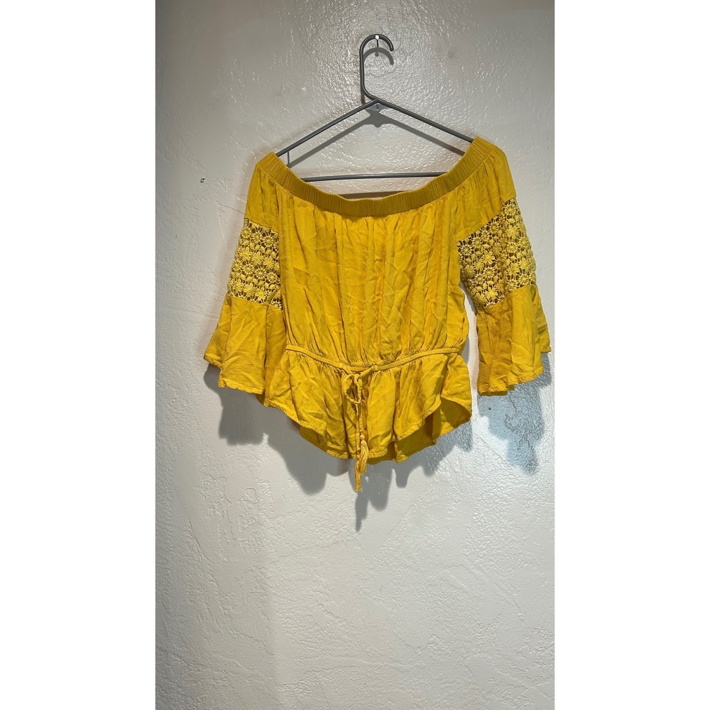 Hint of Blush Mustard Yellow Off Shoulder Boho Crochet Lace‎ Bell Sleeve Top L